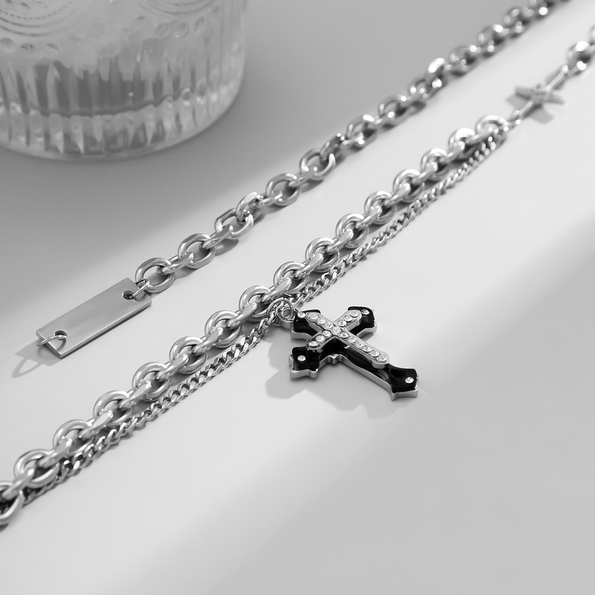 Men Fashion Double Diamond Cross Hip Hop Pendant Necklace