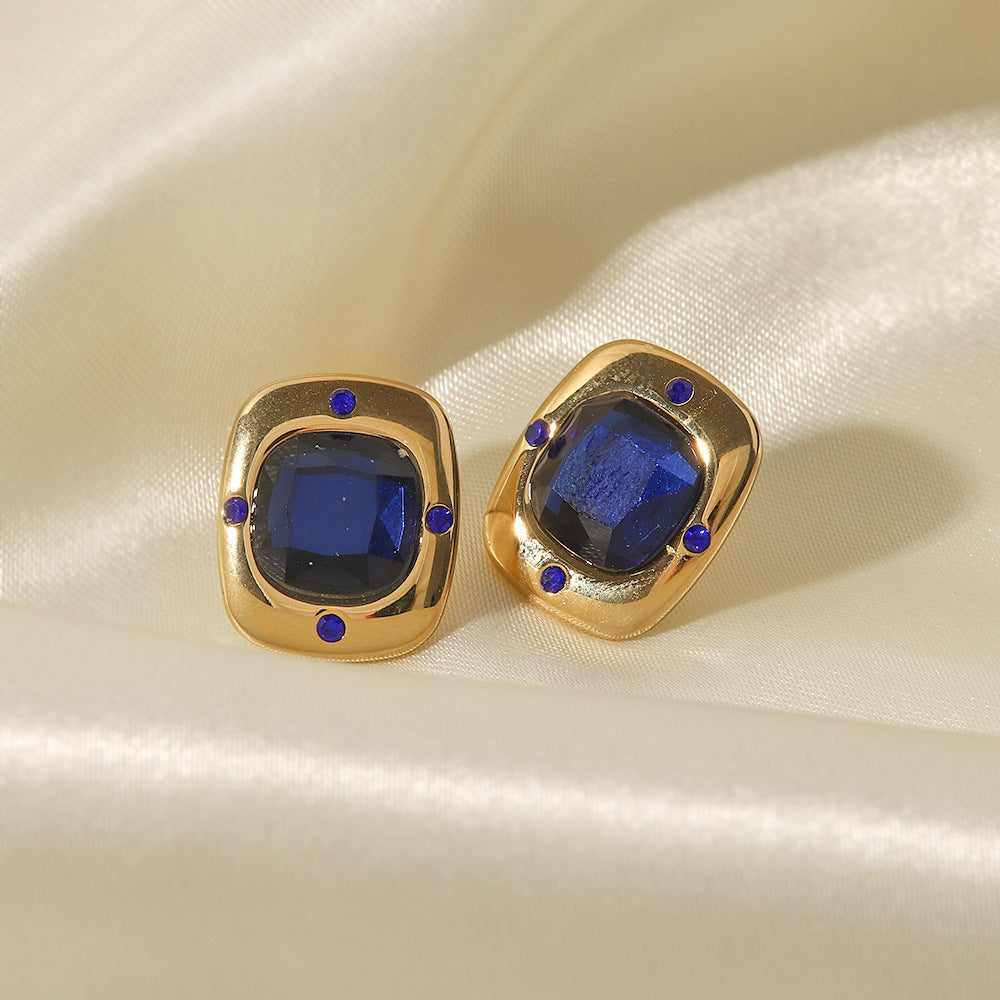 18K Gold Inlaid Large Royal Blue Faceted Glass Square Earrings