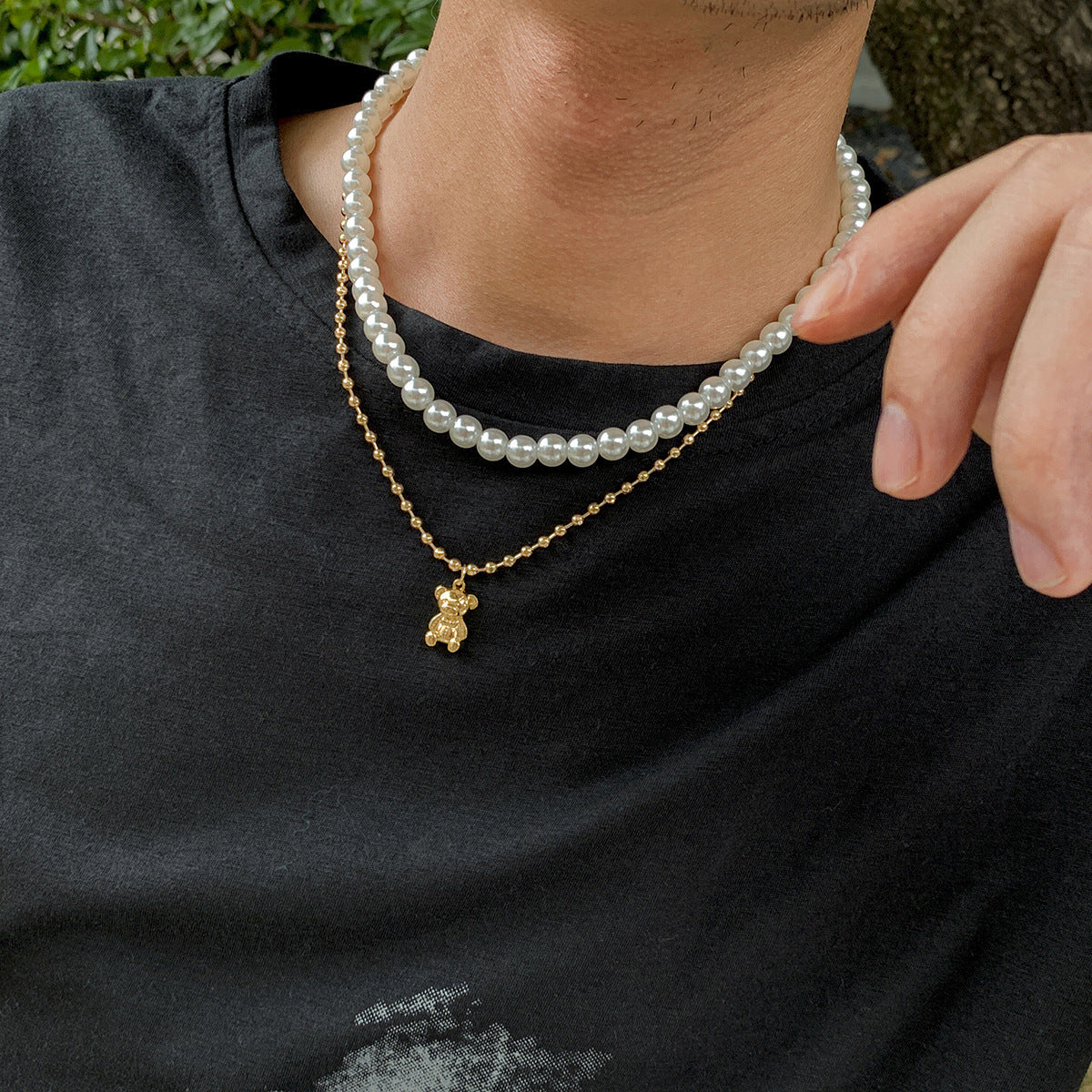 Men Simple hip-hop style pearl with bear all-match necklace