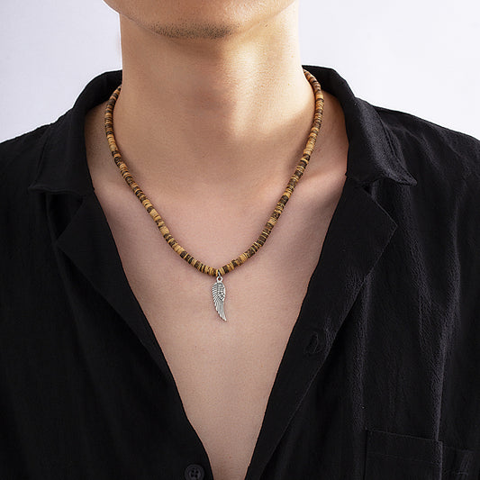 Men Classic Boho Wood Bead Panel and Feather Pendant Necklace