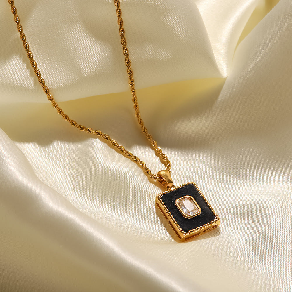 18K Gold Inlaid White Zircon Malachite Twist Chain Square Pendant Necklace