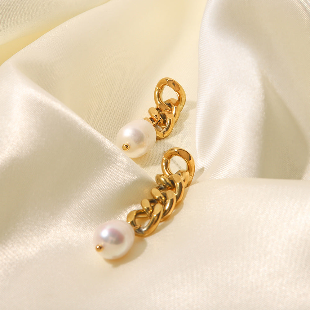 18K Gold Plated Pearl Asymmetric Chain Earrings