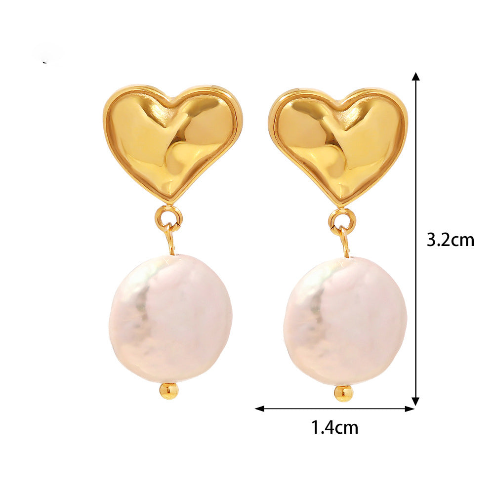 18K Gold Light Luxury Retro Style Heart with Baroque Pearl Design Pendant Earrings