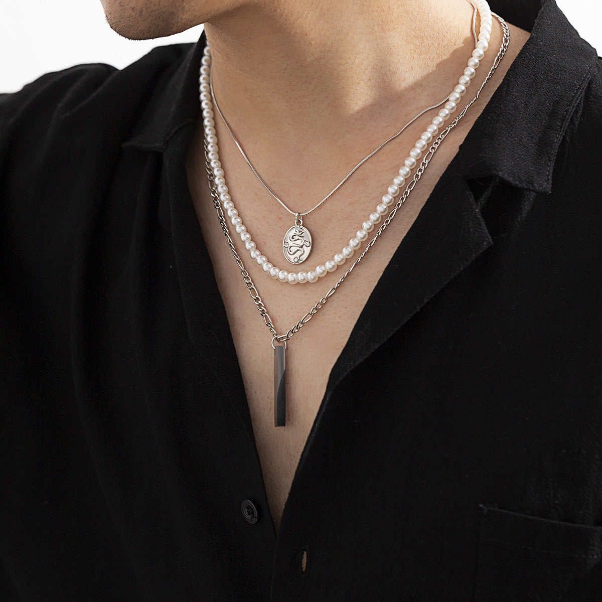 Men Fashion Multi-layered Pearl Snake Bone Chain Dragon Tag Rectangular Pendant men Necklace