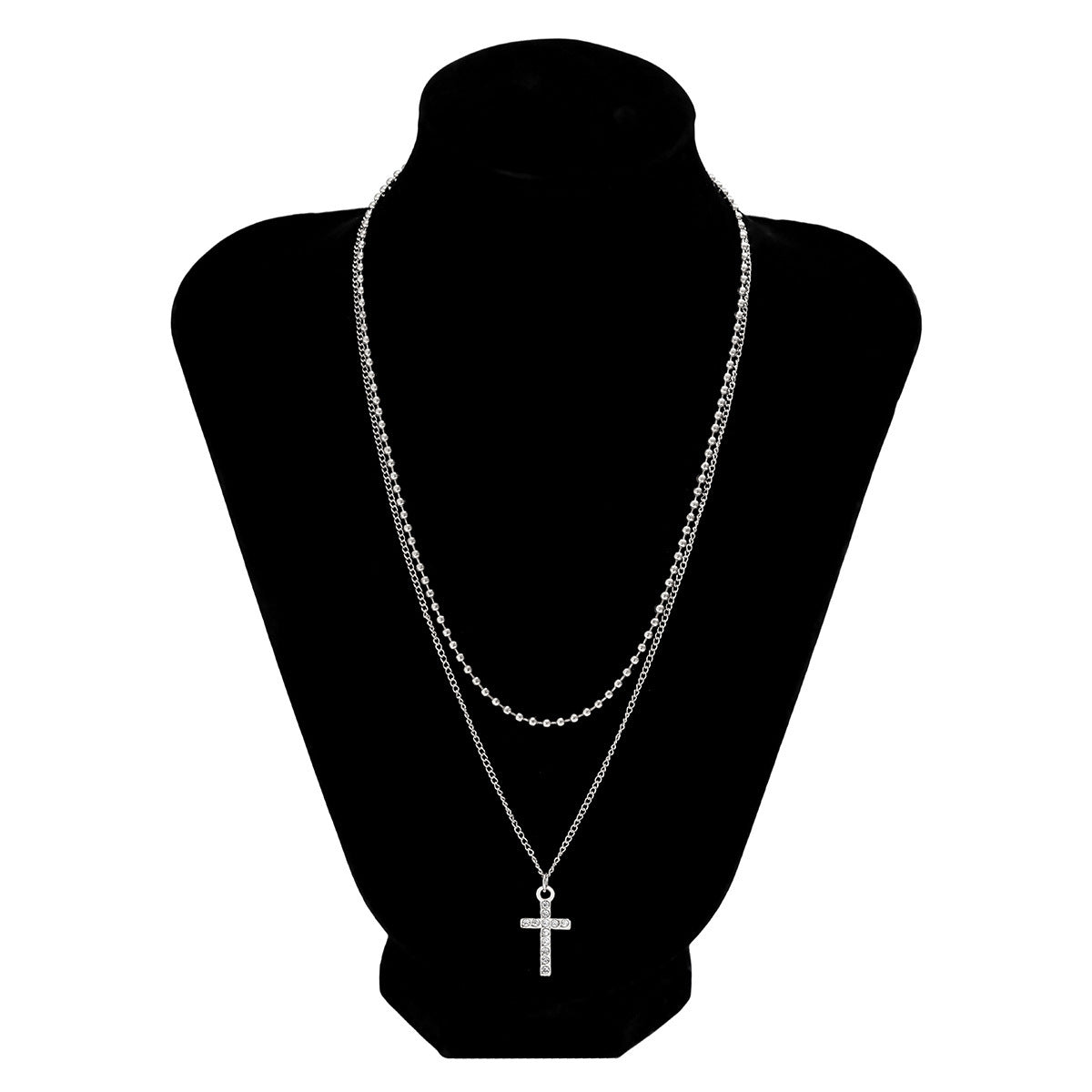 Men Retro light luxury double layered cross geometric diamond all-match pendant necklace