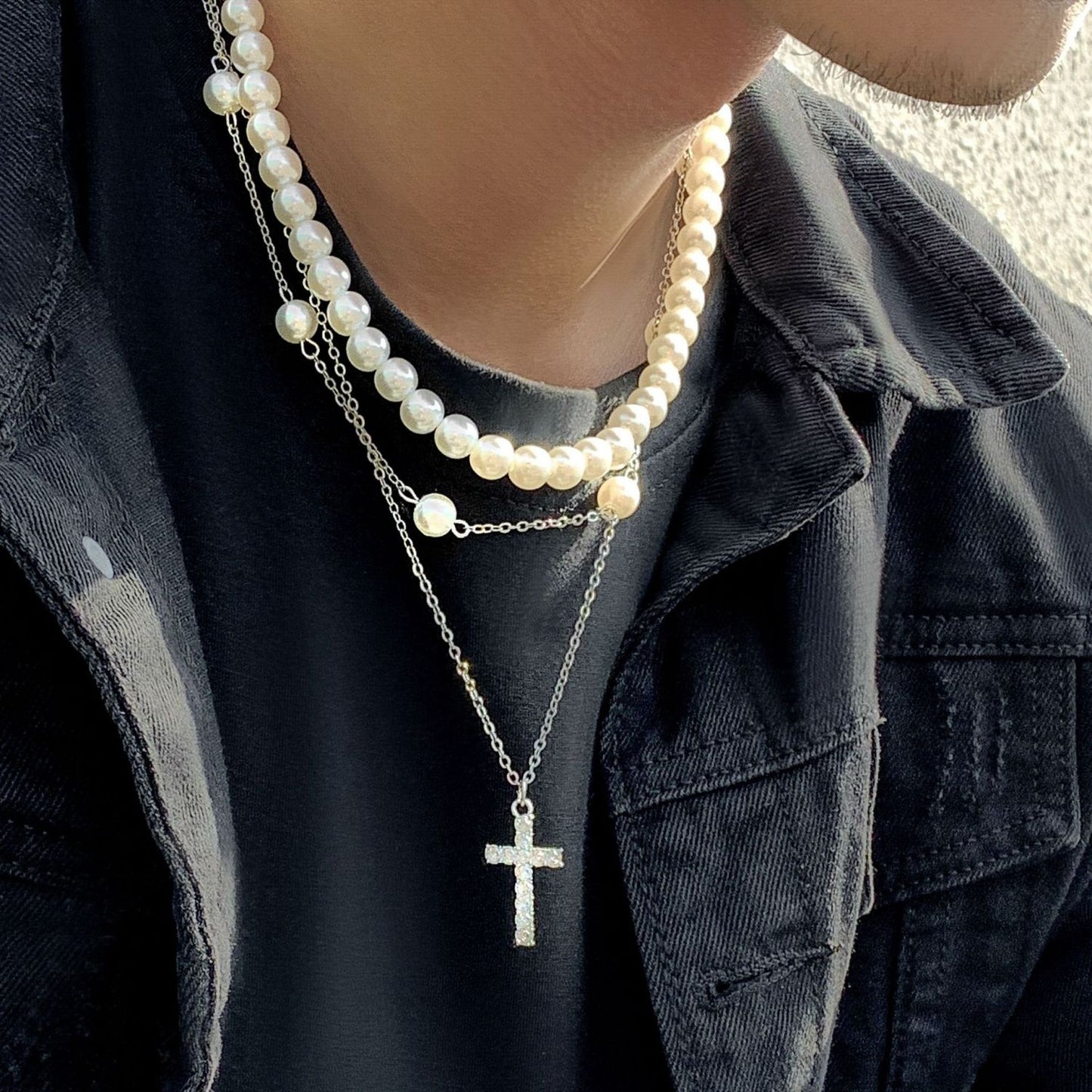 Men Fashionable and simple multi-layered cross with pearl hip-hop pendant necklace