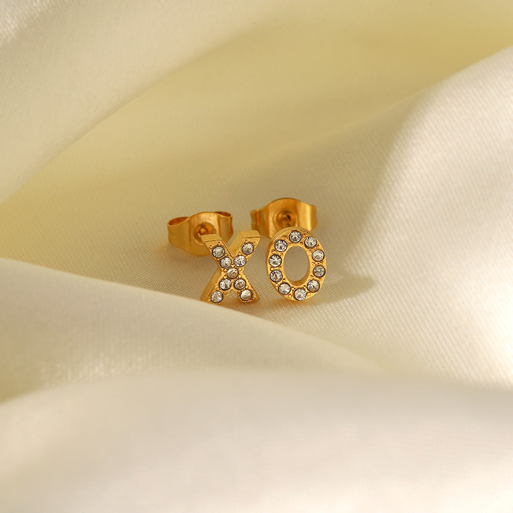 18K Gold Inlaid Small Round Diamond Zircon XO Letter Earrings