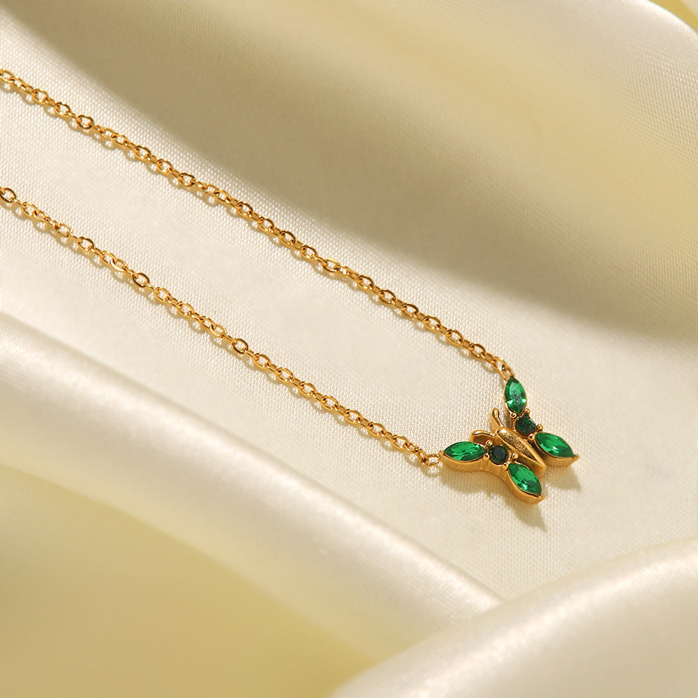 18K gold plated butterfly necklace with green/white zircon stylish