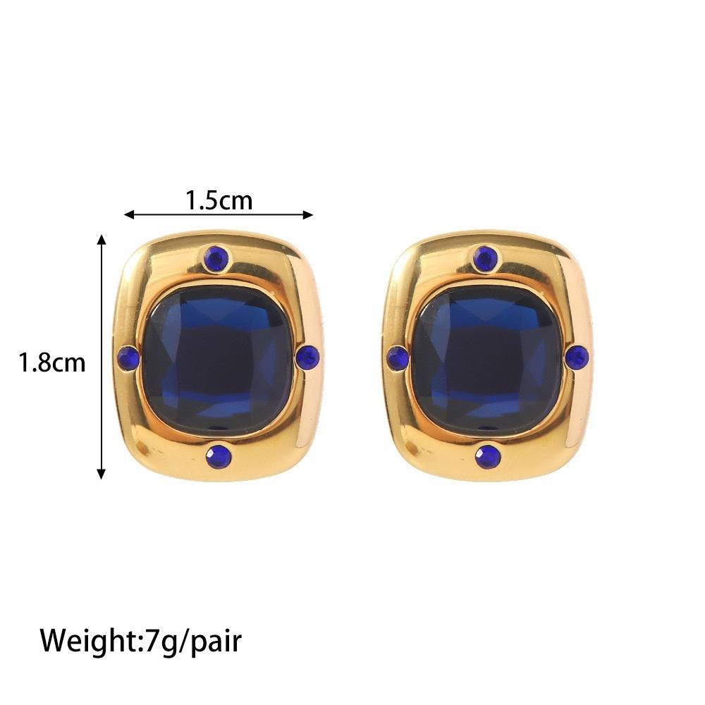 18K Gold Inlaid Large Royal Blue Faceted Glass Square Earrings