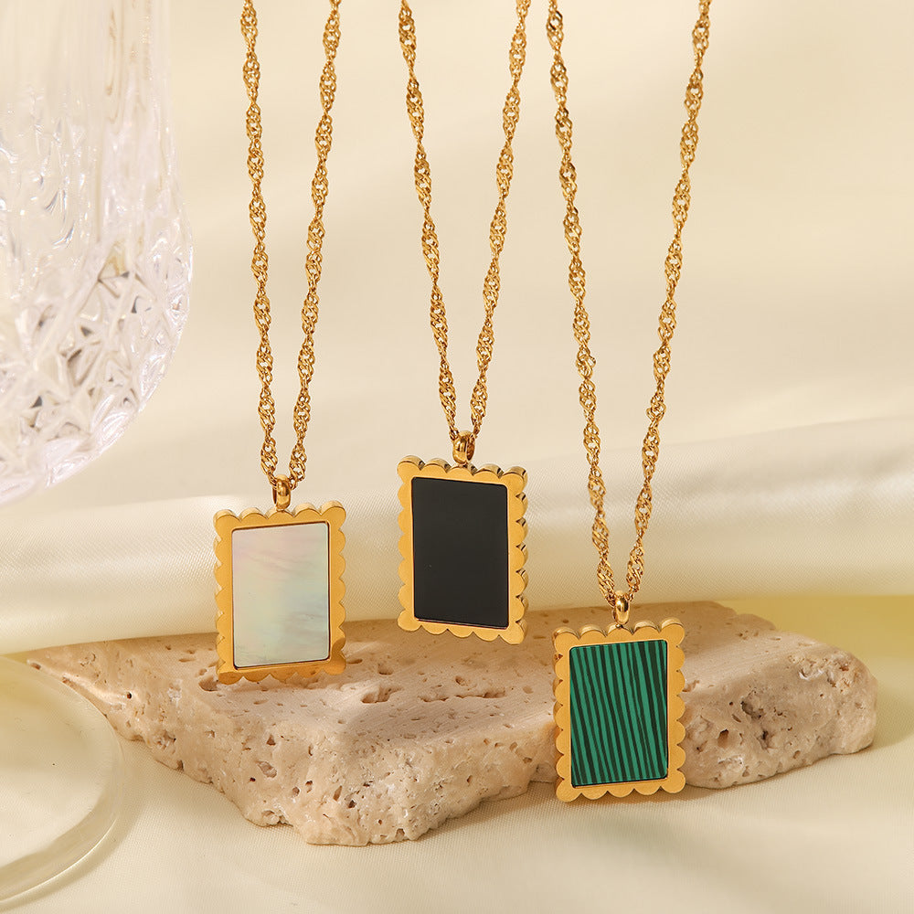 18K Gold Square Lace Inlaid White Shell/Green Malachite/Black Shell Pendant Necklace