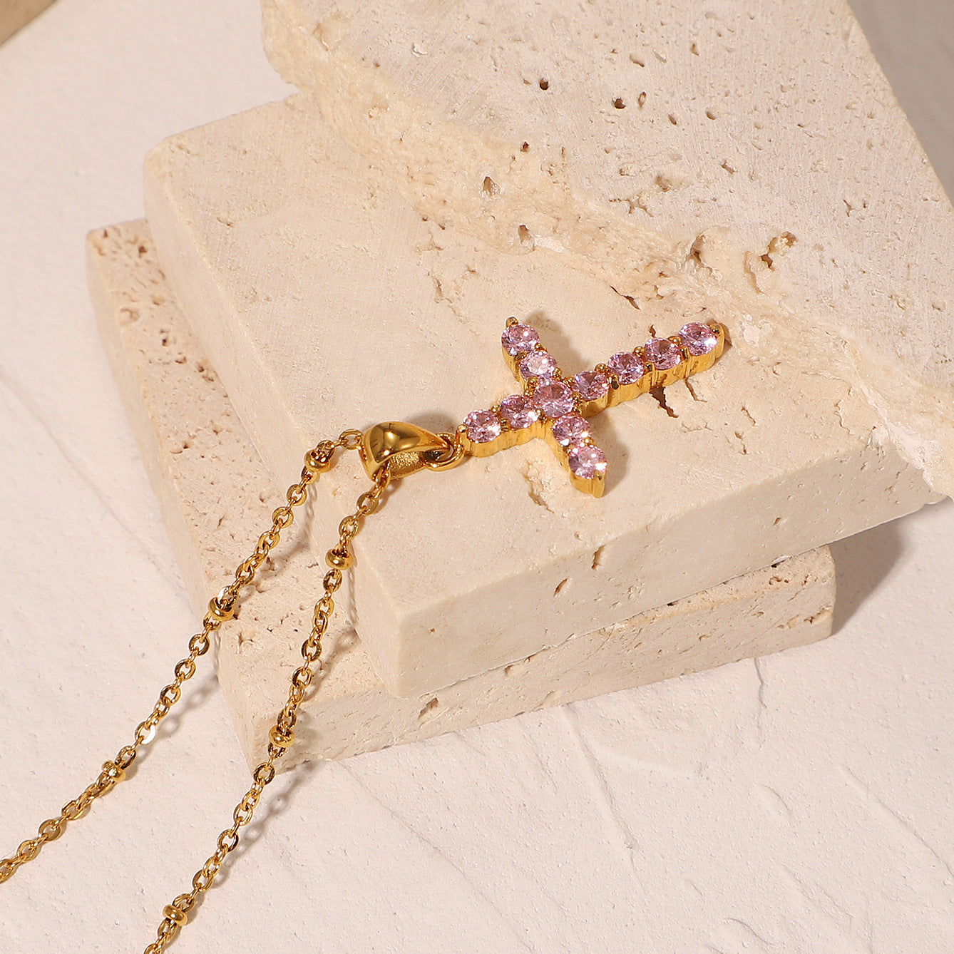 N39.18K Gold Plated Pink Zircon Cross Pendant Necklace