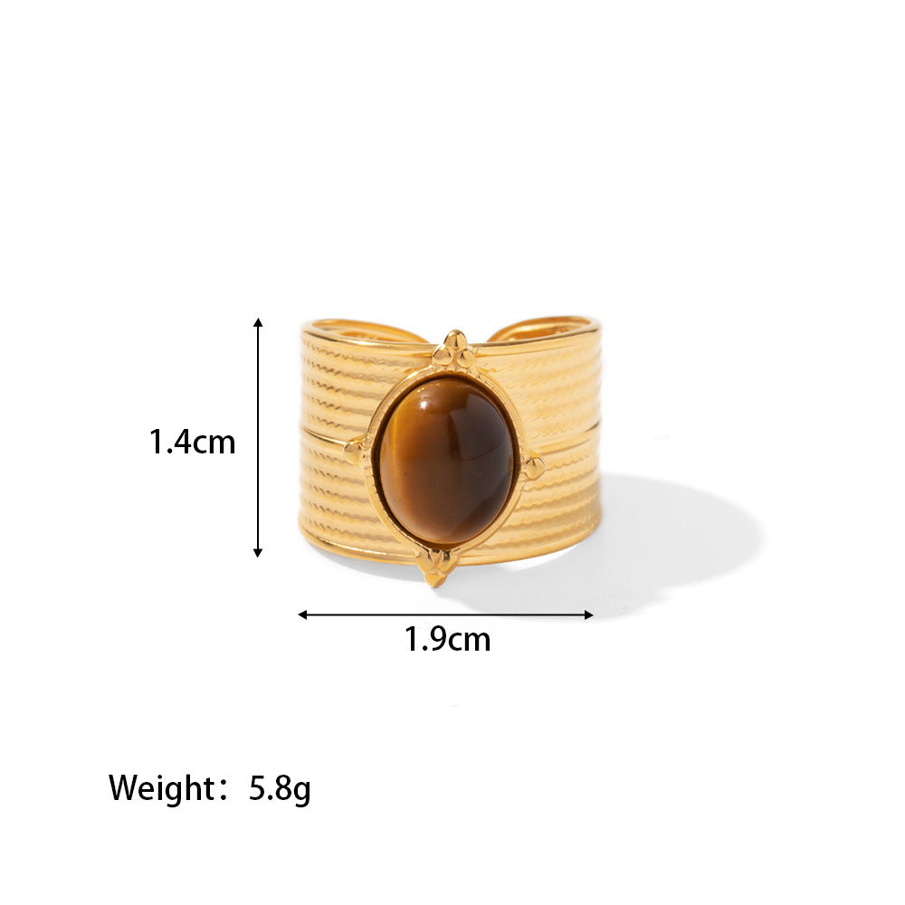 18K Gold Plated Inlaid Natural Tiger Eye Adjustable Wide Ring