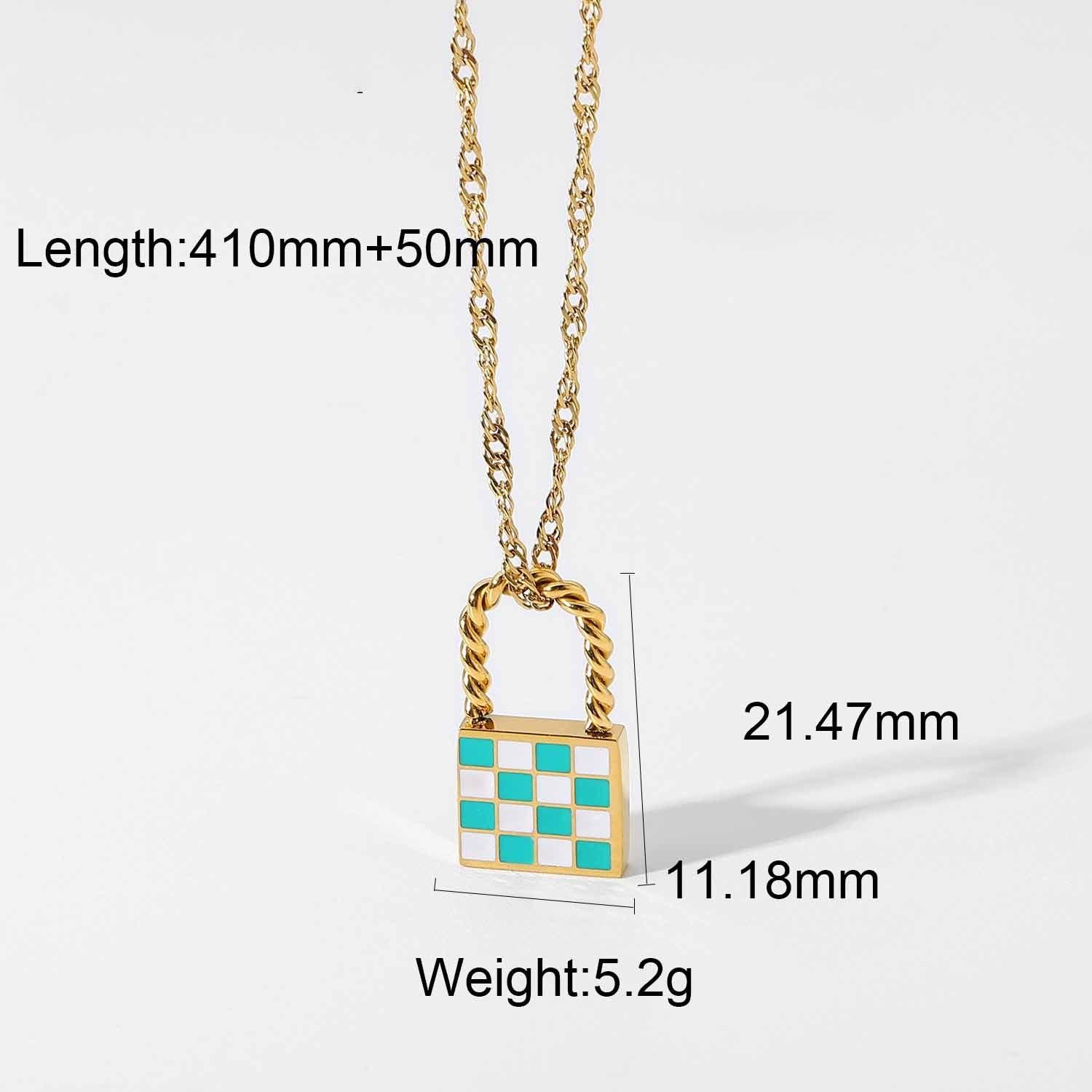 N29.18K Chess Checker Black White Green White Titanium Steel Necklace - Elle Royal Jewelry