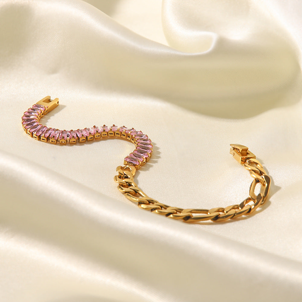 18K Gold Plated Inlaid Pink Zircon Figaro Bracelet