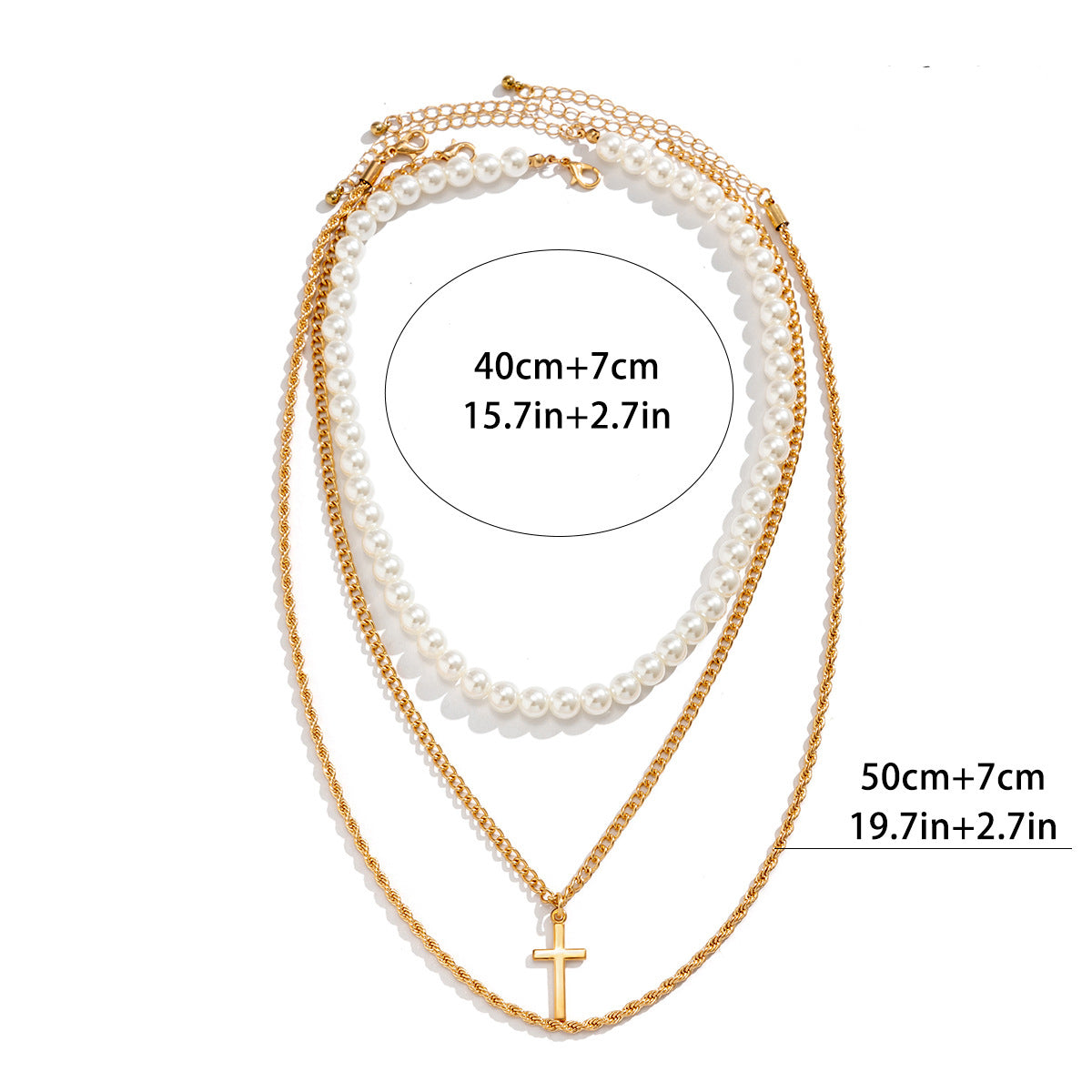 Men Classic Simple Hip-Hop Style Pearl Cross Three-Layer Stacked Versatile Necklace