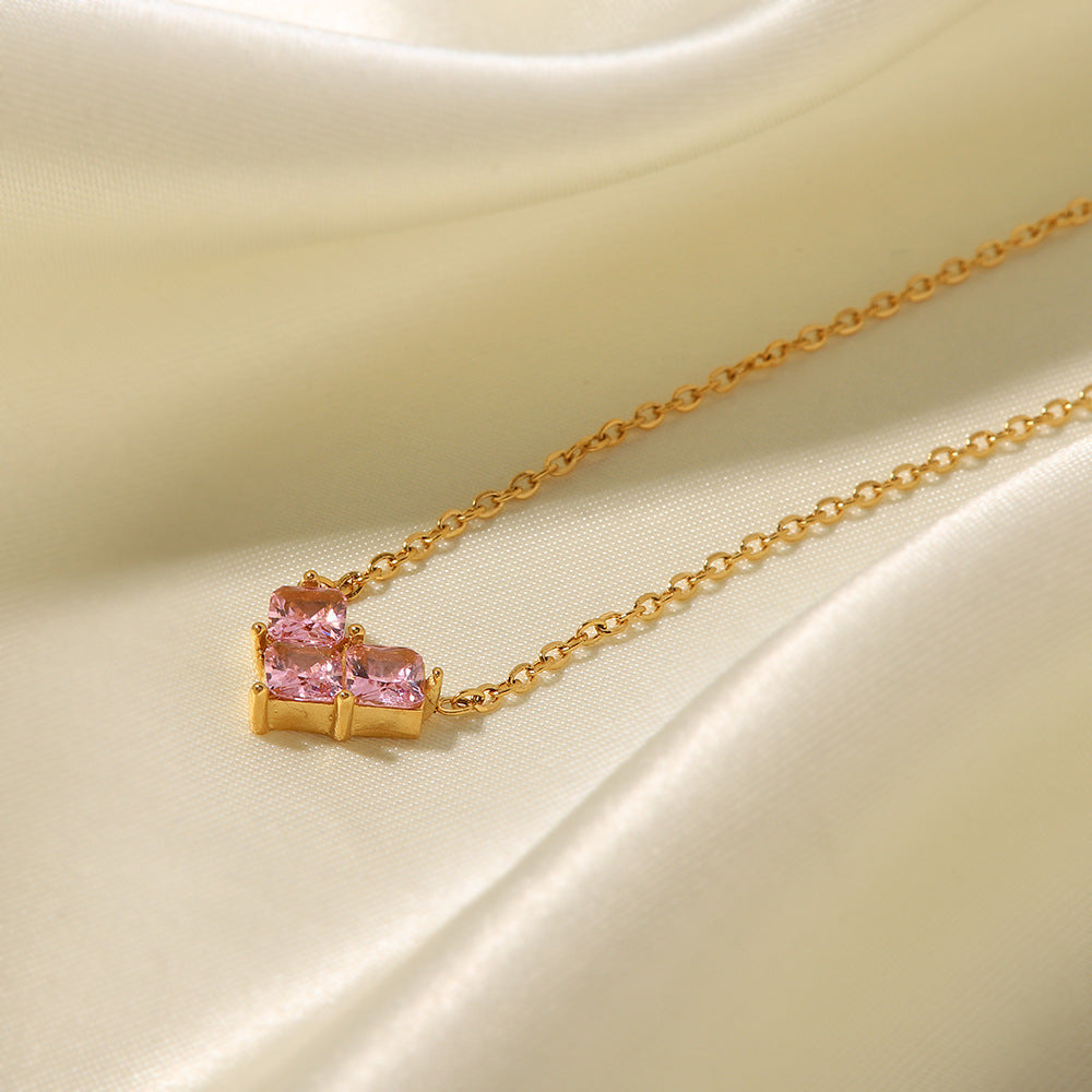 18K Gold Plated Inlaid Pink/White Zircon Love Pendant Necklace