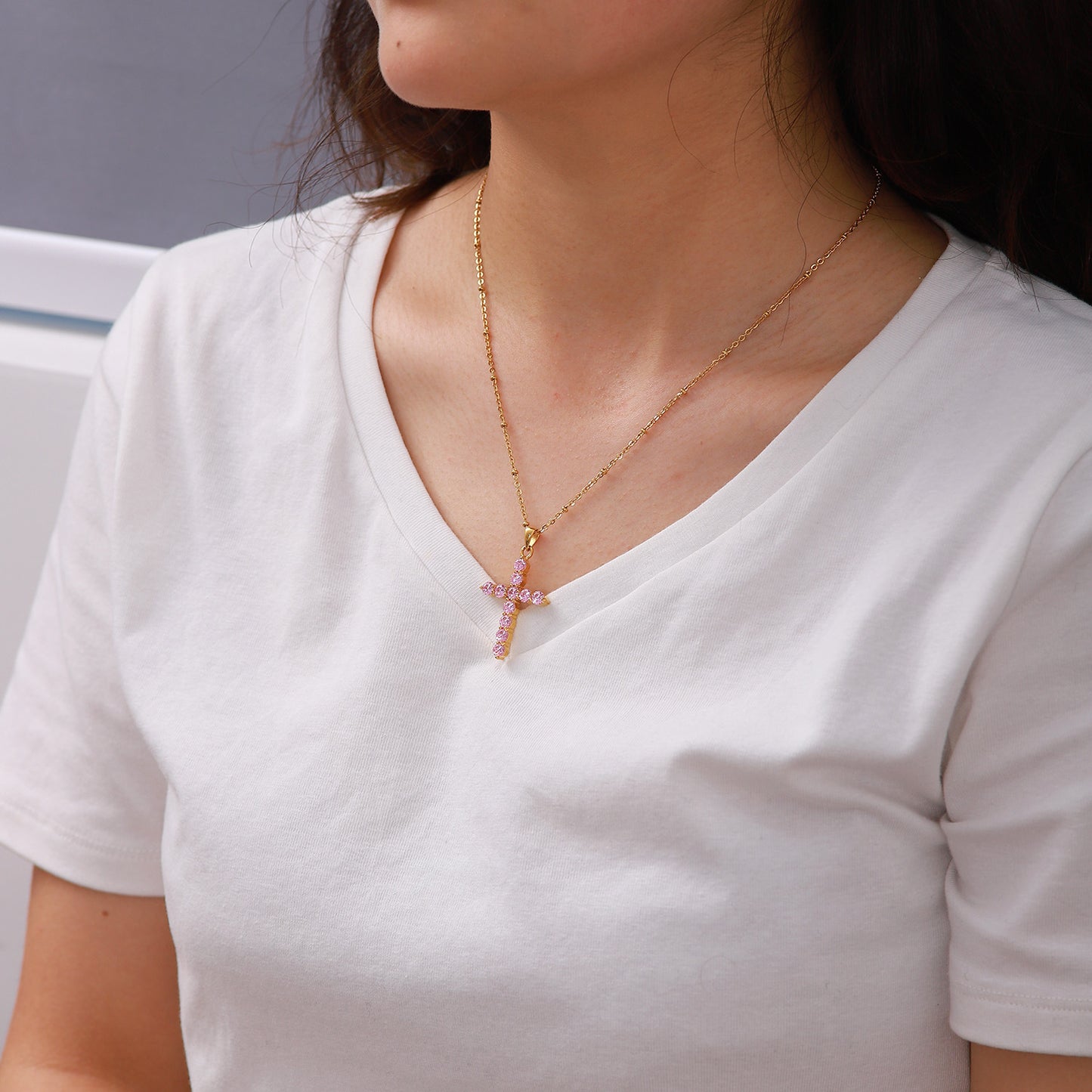 N39.18K Gold Plated Pink Zircon Cross Pendant Necklace