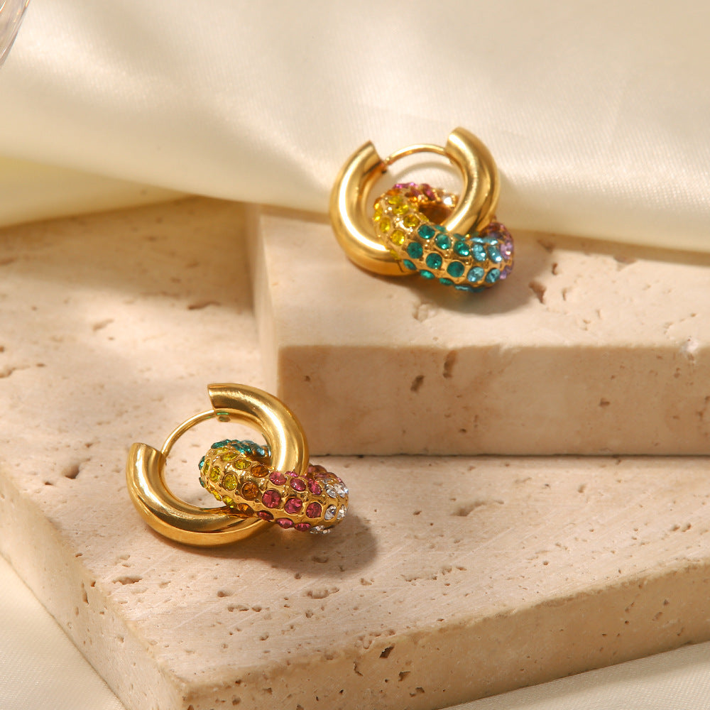 18k Gold Fashion Exquisite Colorful Diamond Donut Design Versatile Earrings "