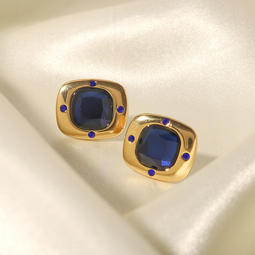 18K Gold Inlaid Large Royal Blue Faceted Glass Square Earrings