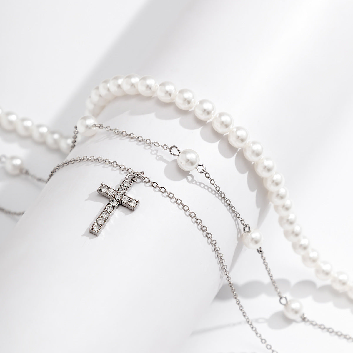 Men Fashionable and simple multi-layered cross with pearl hip-hop pendant necklace