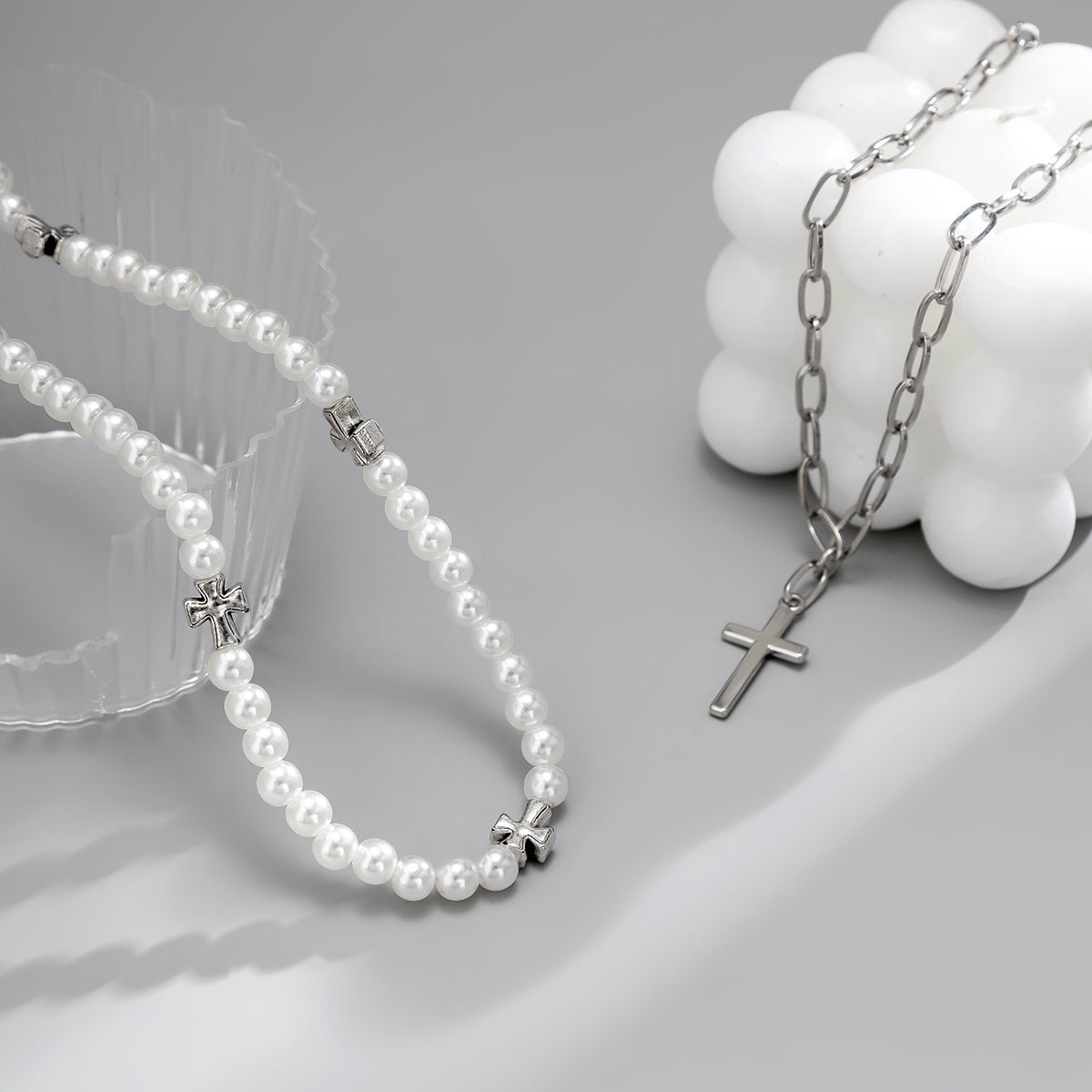 Men Retro Simple Pearl Stitching Cross Design Hip Hop Necklace