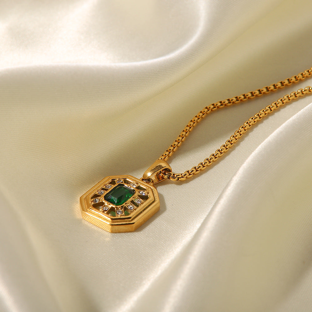 18K gold plated inlaid green zircon simple versatile necklace