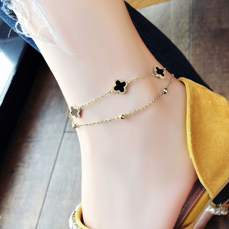 Simple light luxury style double-layer four-leaf clover design titanium steel anklet