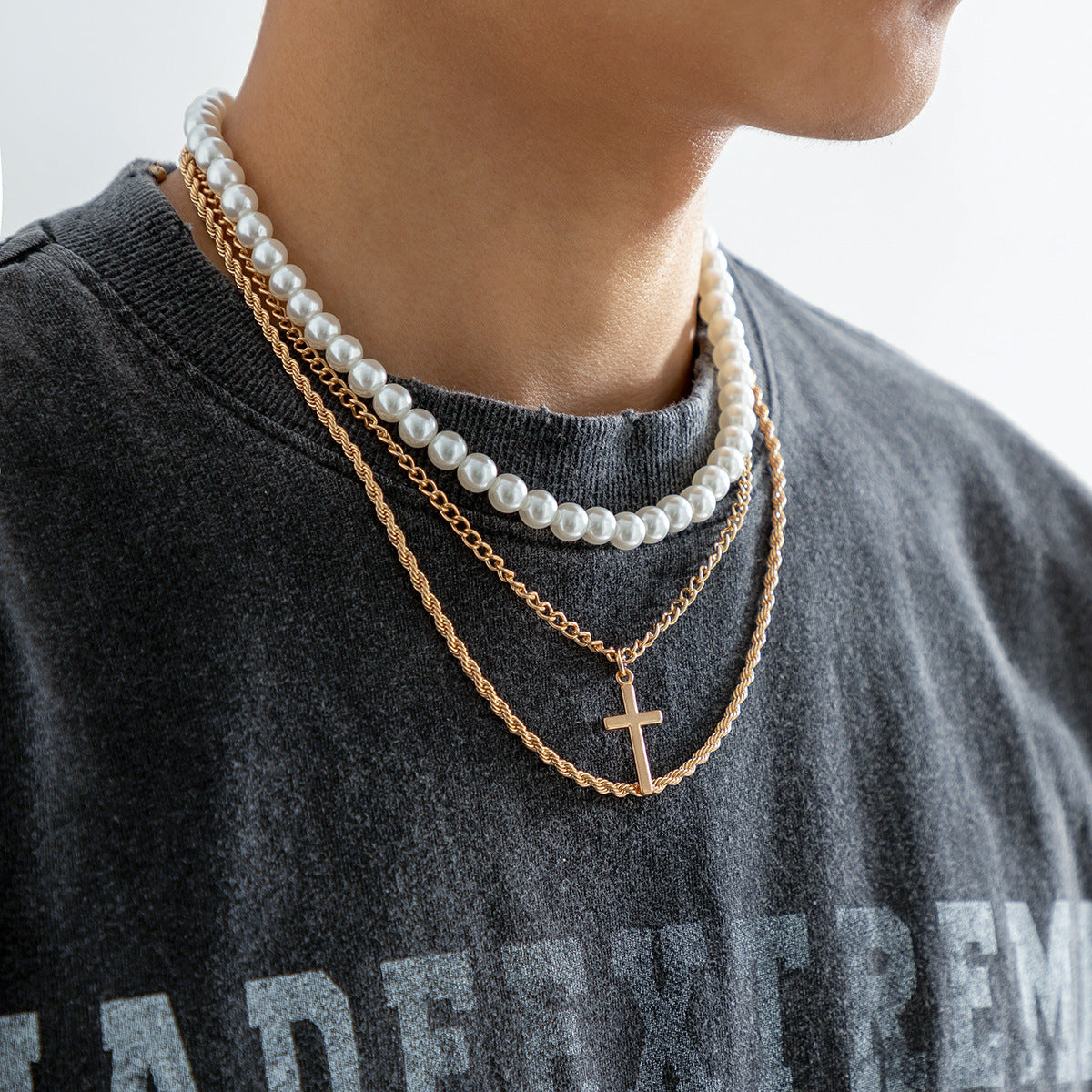 Men Classic Simple Hip-Hop Style Pearl Cross Three-Layer Stacked Versatile Necklace