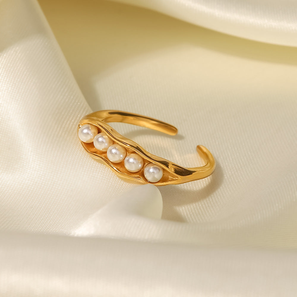 18K Gold Plated Inlaid White Pearl Pea Pod Design Adjustable Ring