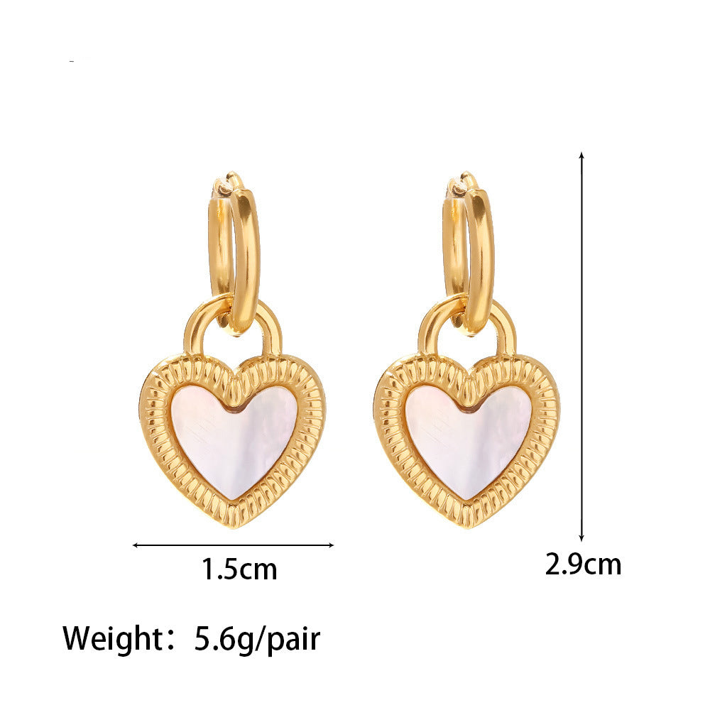 18k Gold Plated Inlaid White Natural Shell Heart Lock Design Pendant Earrings