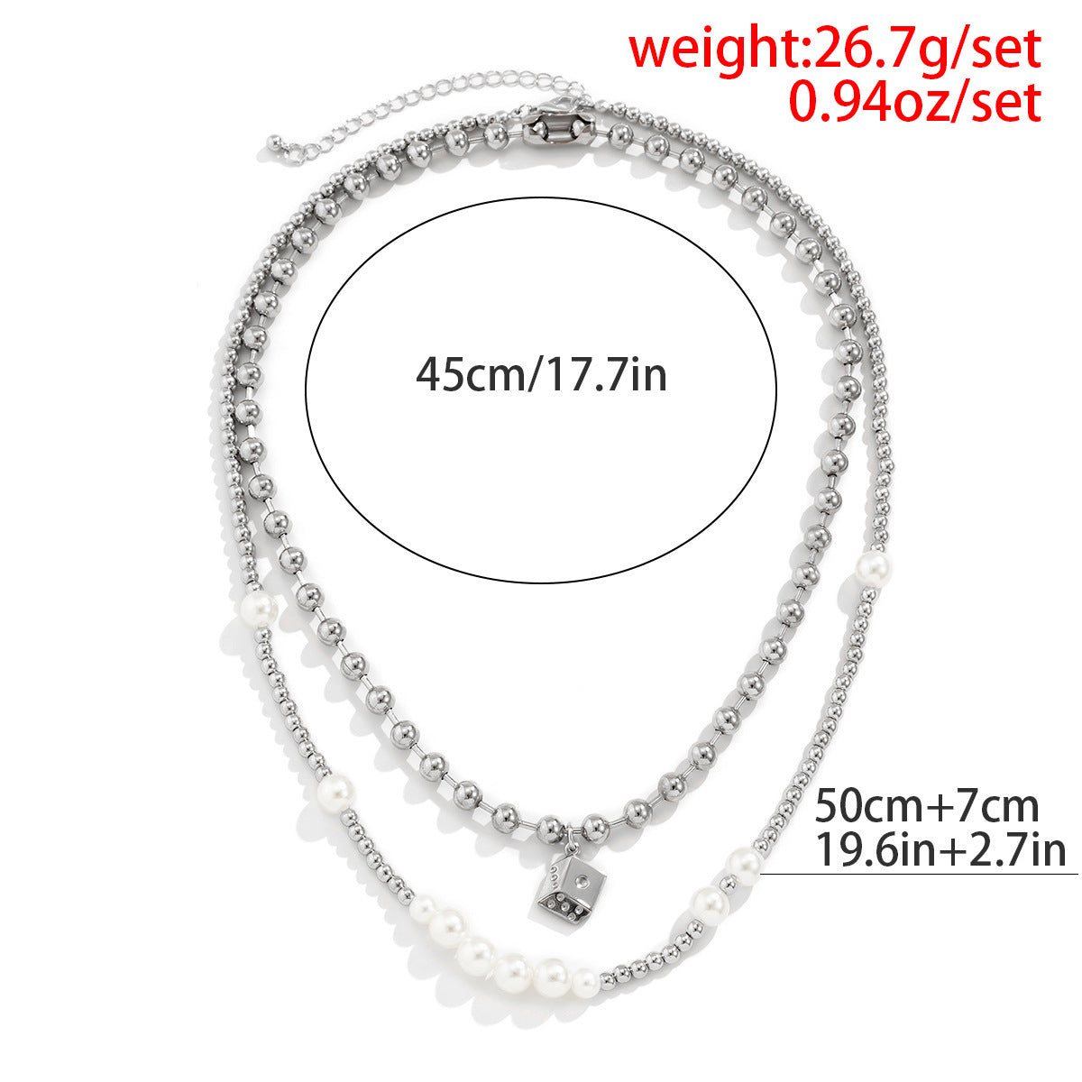 Men Fashion simple pearl double layered with dice pendant necklace