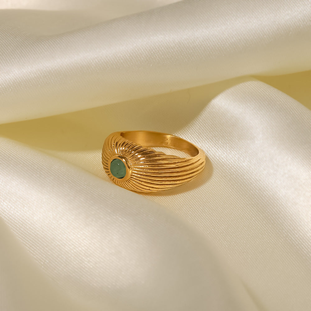 18K Gold Plated Inlaid Natural Green Stone Sun Shaped Punk Ring