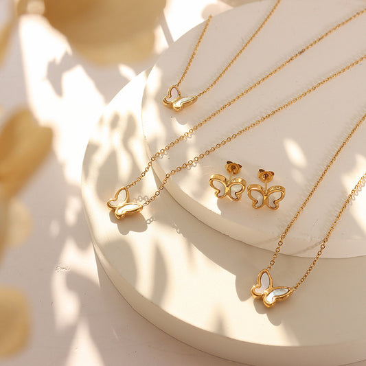 18k Gold Simple Butterfly White Seashell Design Necklace Earrings Set