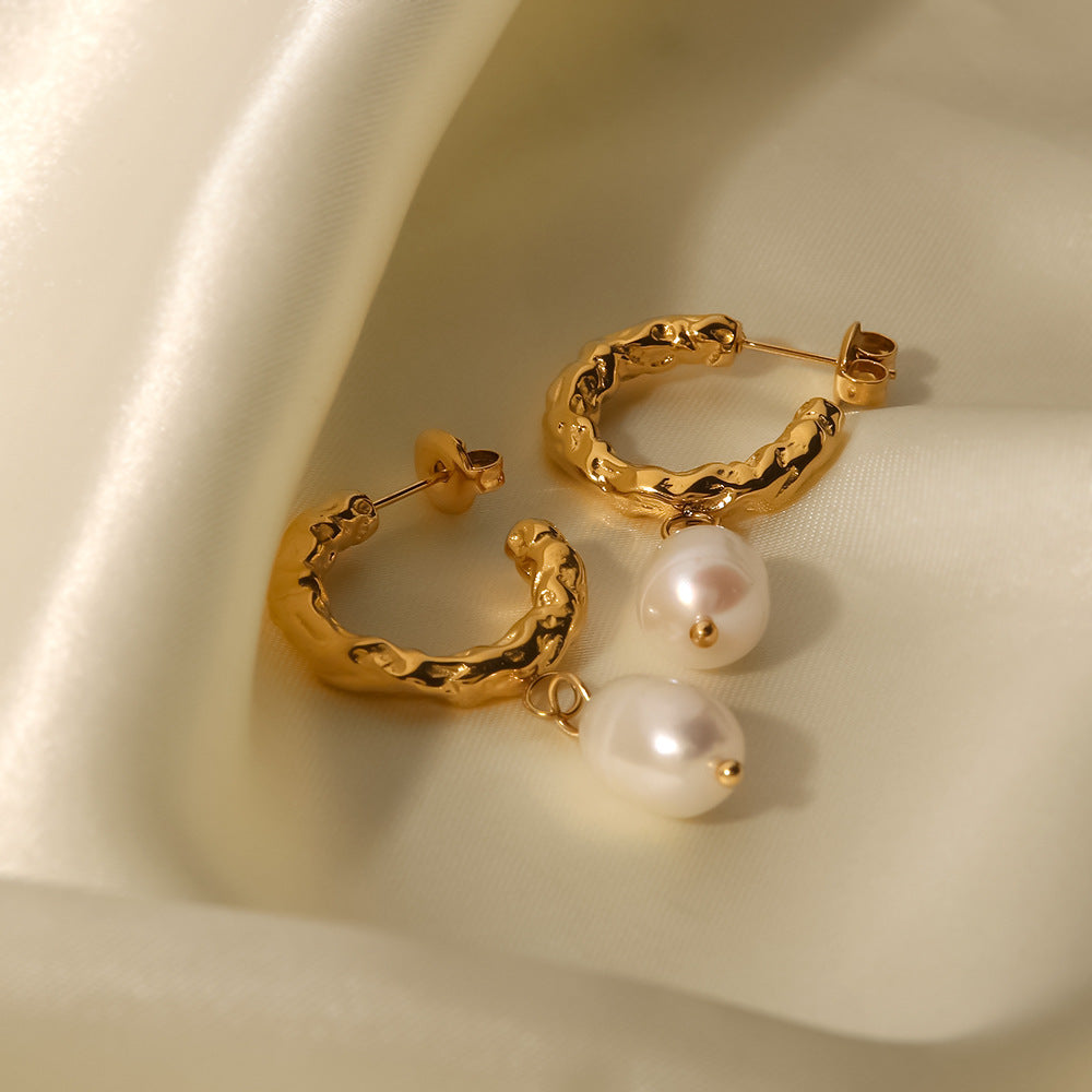 18K Gold Plated Inlaid Natural White Freshwater Pearl Earrings