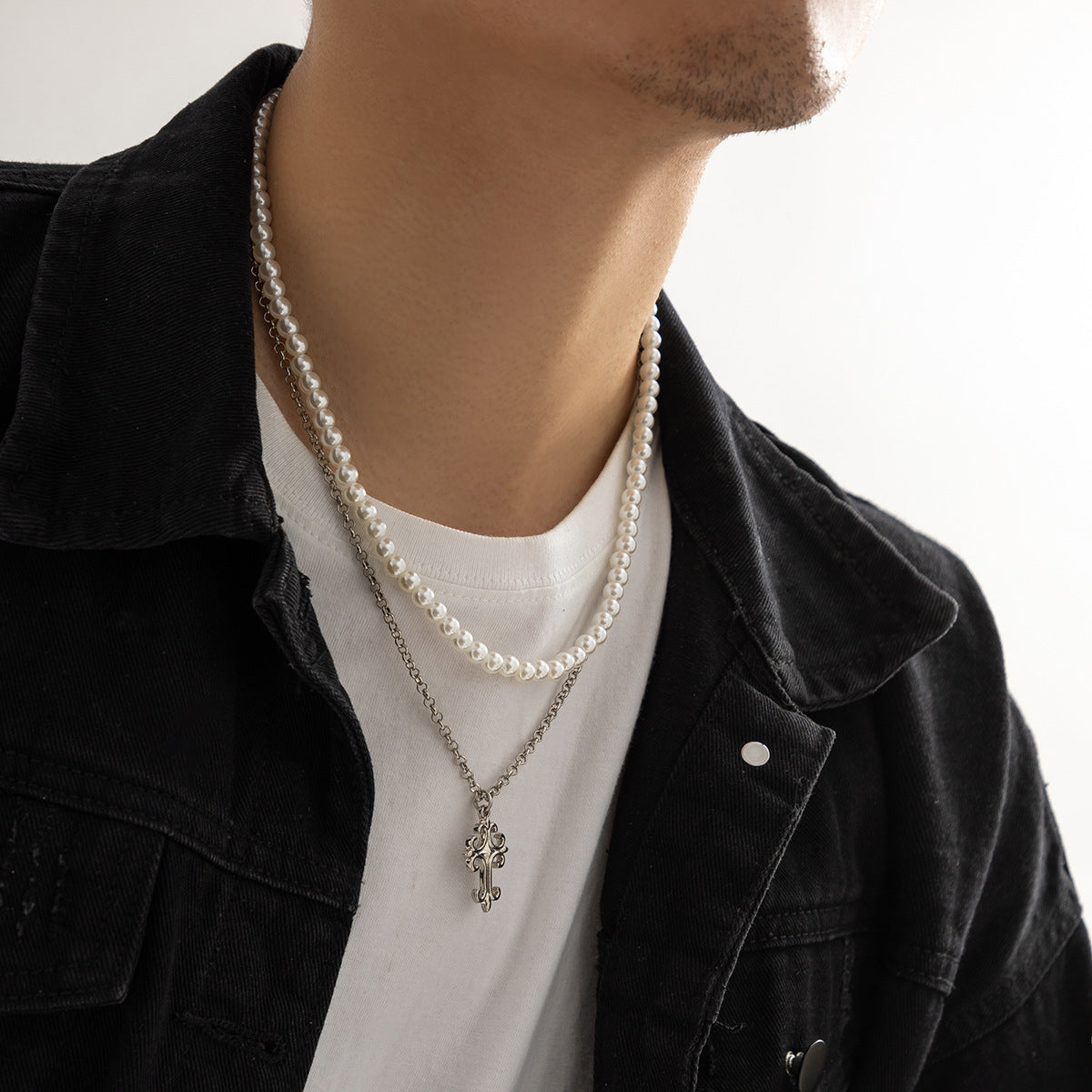 Men Simple fashion double layer pearl with cross design versatile pendant necklace