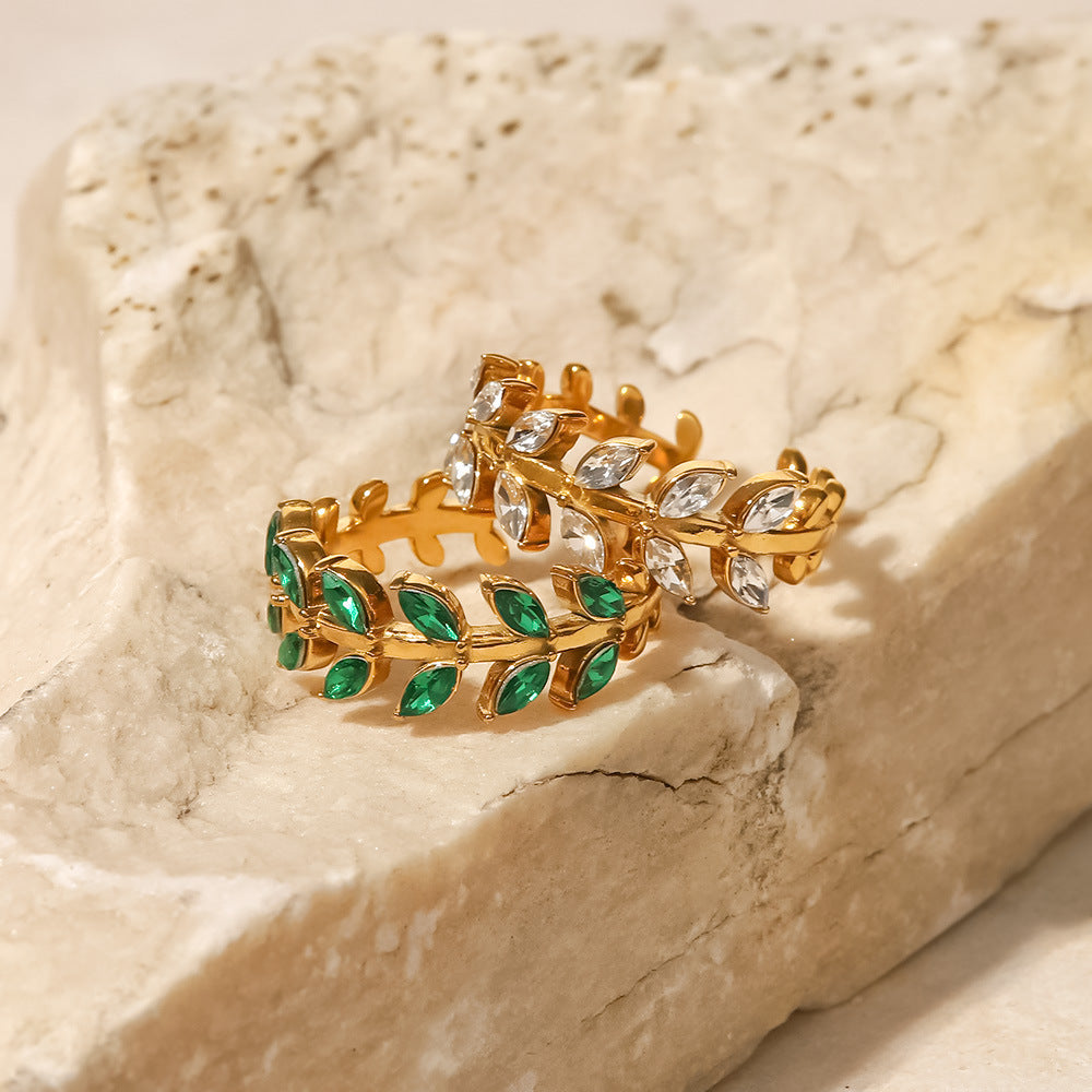 18K Gold Plated White Green Zircon Leaf Ring