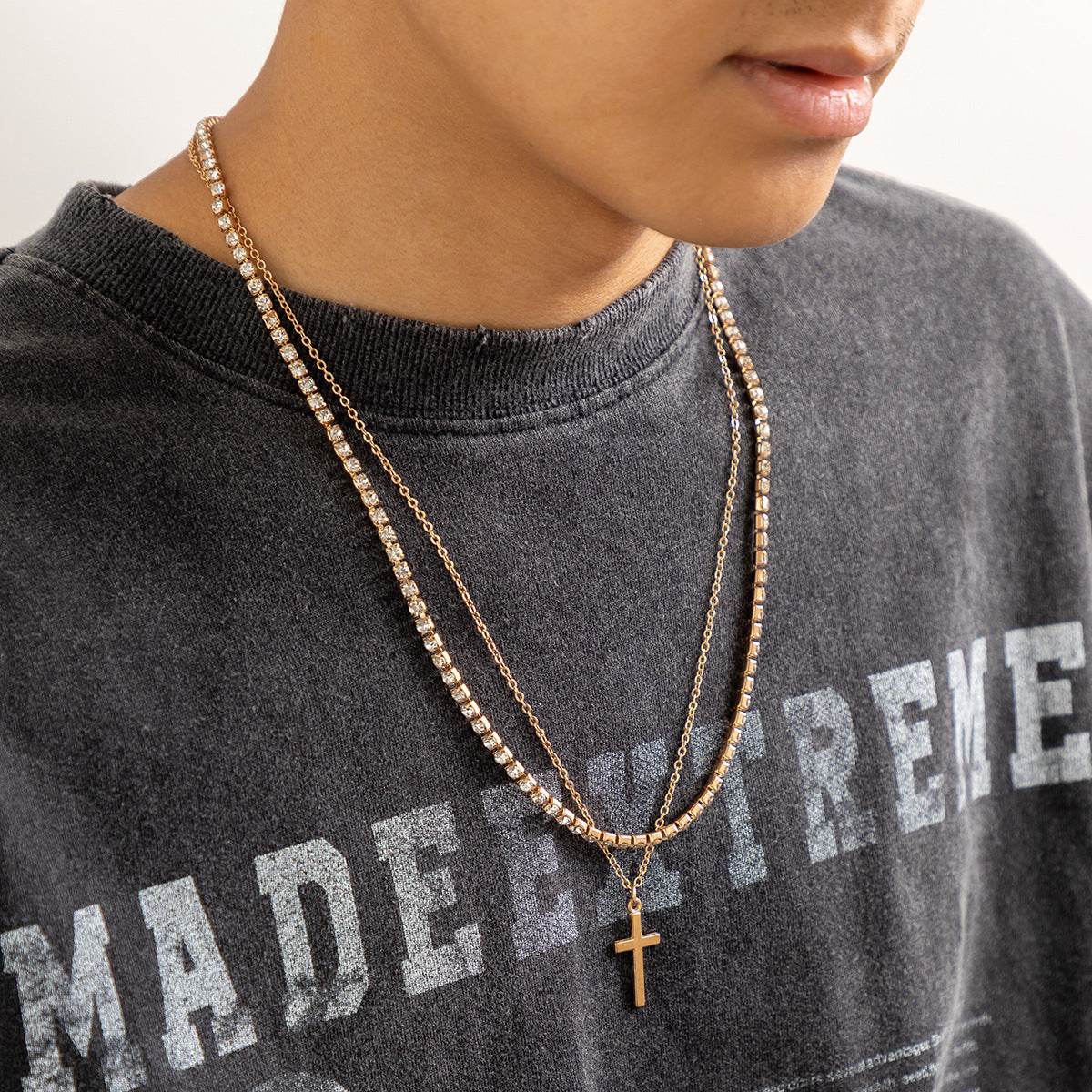 Men Retro Simple Cross Double Layered Claw Chain Design Hip Hop Necklace